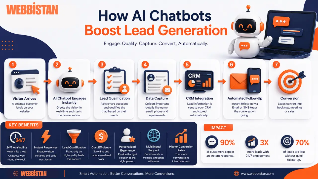 AI chatbot workflow infographic showing how automation boosts lead generation for Sydney businesses, designed by Webbistan Digital Agency using CRM, funnel, and AI tools.