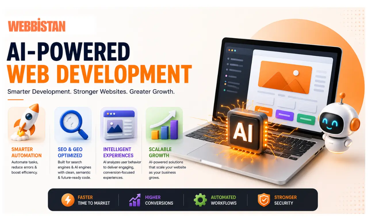 Bright AI-powered web development infographic featuring 3D automation icons, SEO and GEO optimization, intelligent user experiences, scalable growth solutions, and modern website development technology.