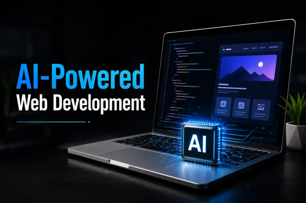 AI-powered web development concept featuring a 3D AI processor, modern laptop interface, automation technology, intelligent coding, and scalable website development.