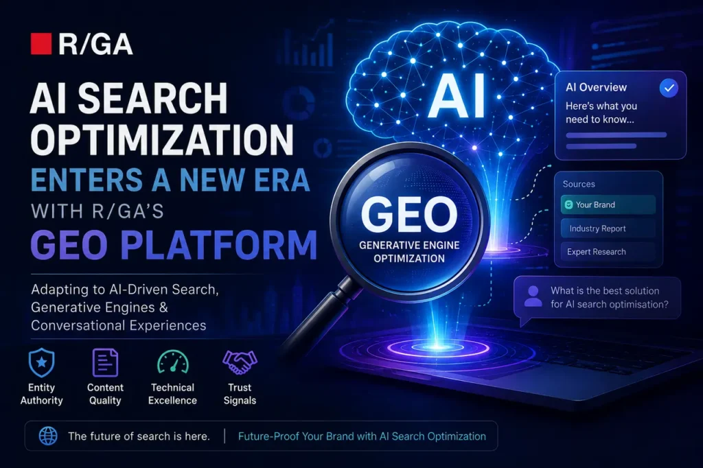 Futuristic AI-themed digital poster showing “AI Search Optimization” with a glowing neural network brain and magnifying glass highlighting “GEO Generative Engine Optimization,” alongside UI-style panels for AI overview, sources, and search insights, with reduced footer text and streamlined design.