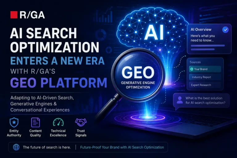 Futuristic AI-themed digital poster showing “AI Search Optimization” with a glowing neural network brain and magnifying glass highlighting “GEO Generative Engine Optimization,” alongside UI-style panels for AI overview, sources, and search insights, with reduced footer text and streamlined design.