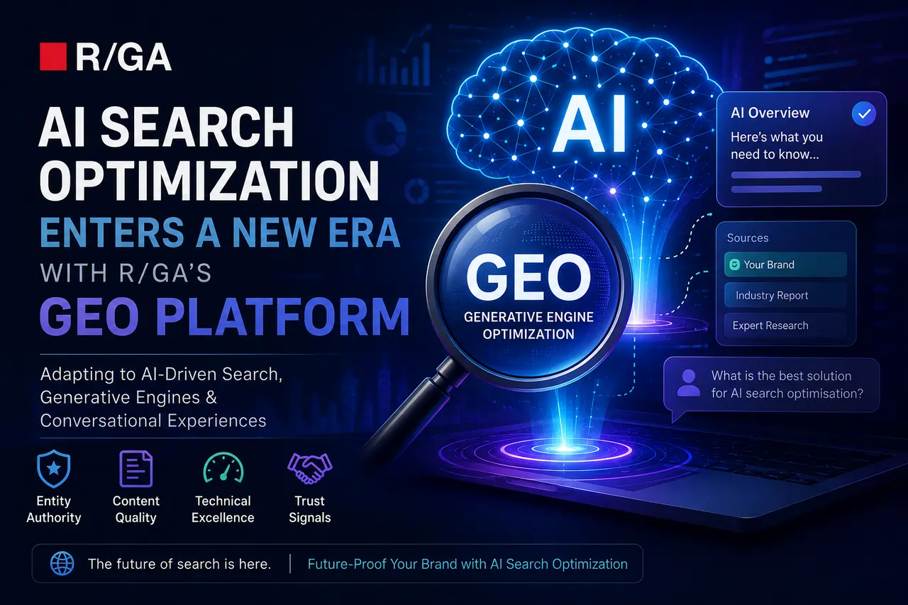 Futuristic AI-themed digital poster showing “AI Search Optimization” with a glowing neural network brain and magnifying glass highlighting “GEO Generative Engine Optimization,” alongside UI-style panels for AI overview, sources, and search insights, with reduced footer text and streamlined design.