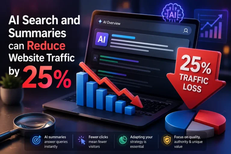 3D illustration showing AI search summaries reducing website traffic by 25%, featuring analytics charts, declining traffic graphs, and a modern digital marketing dashboard.