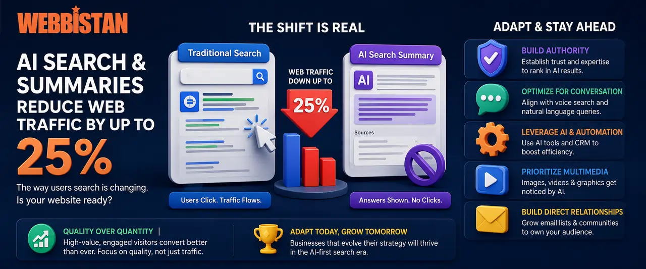 Professional 3D infographic by Webbistan showing how AI search and summaries reduce website traffic by up to 25%. The design compares traditional search results with AI-generated summaries, highlighting reduced clicks and changing user behavior. Includes visual sections on building authority, optimizing for conversational search, leveraging AI automation, prioritizing multimedia content, and building direct customer relationships. Features high-quality 3D icons, modern blue and orange branding, and accessible typography.