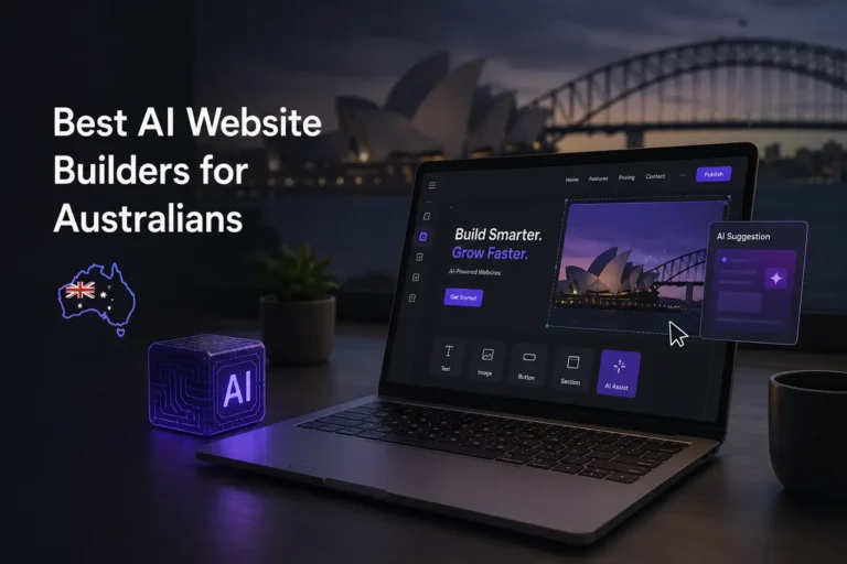 3D modern workspace featuring an AI-powered website builder on a laptop with Sydney skyline background, dark overlay, and futuristic purple lighting for Australian web design concept.