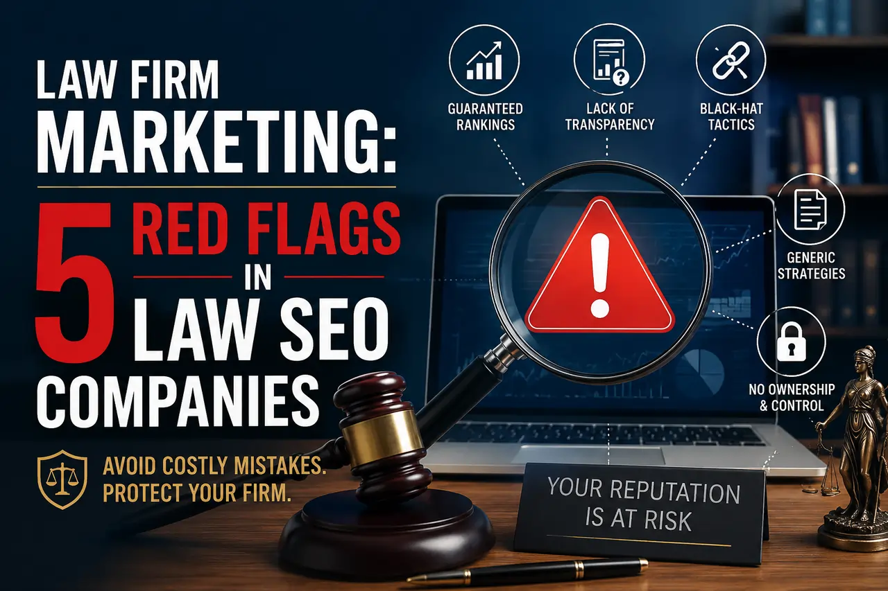 Law firm marketing illustration showing five red flags to avoid when hiring a law SEO company, including poor transparency, black-hat SEO tactics, and guaranteed ranking promises.