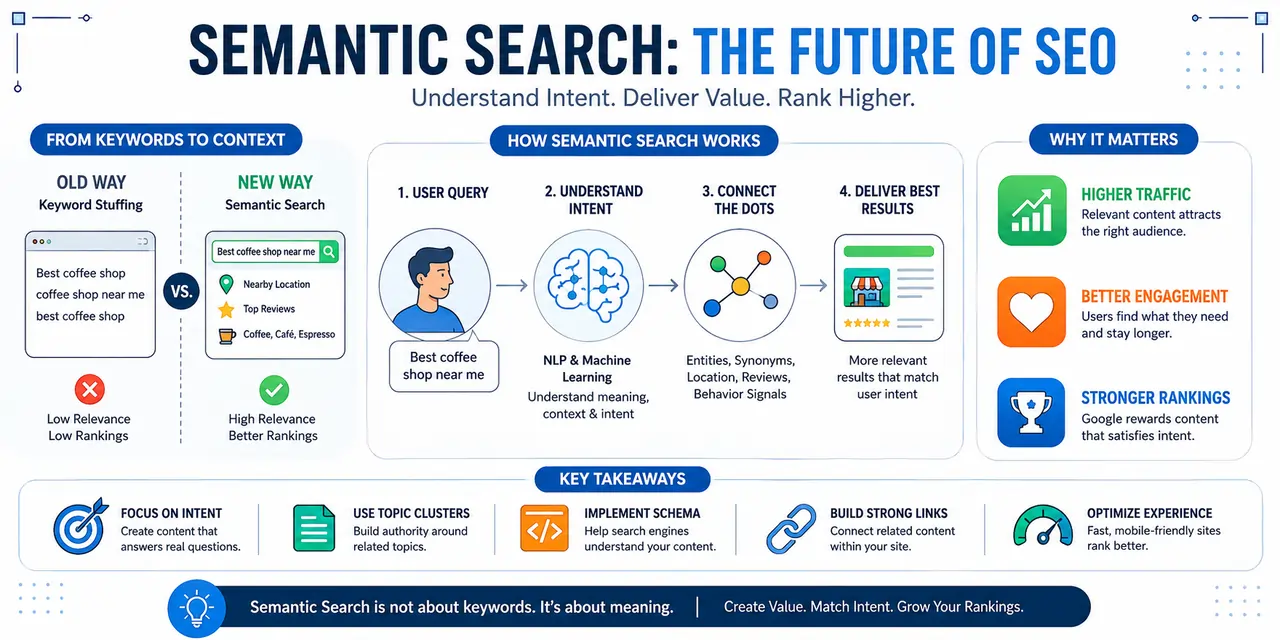 Modern semantic search infographic explaining how AI, user intent, NLP, and contextual SEO improve search rankings and website visibility.