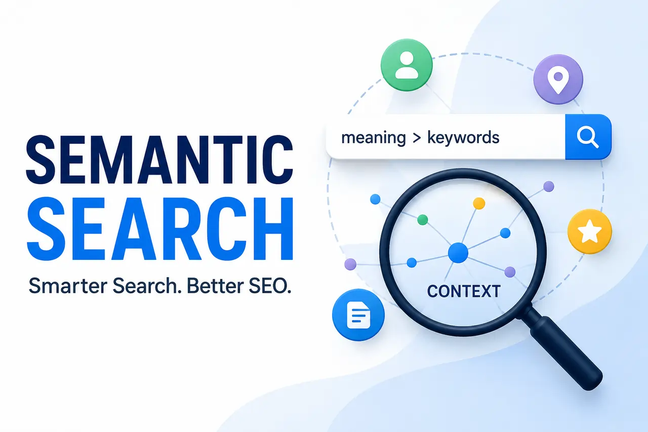Modern semantic search illustration showing AI-powered SEO optimization, contextual search, and smarter search engine strategies.