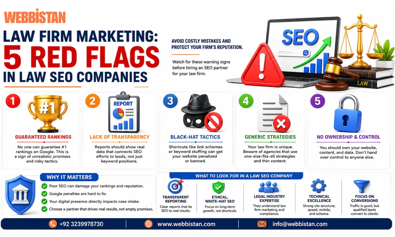 Colorful law firm marketing infographic showing 5 red flags in law SEO companies, including guaranteed rankings, lack of transparency, black-hat SEO tactics, generic strategies, and ownership issues.