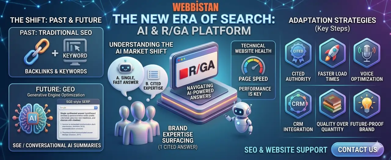 A wide 3D infographic for Webbistan Digital Marketing Agency illustrating the transition from traditional SEO to Generative Engine Optimization (GEO). The graphic features 3D icons for AI, speed, and CRM integration, comparing classic keyword-based results to modern AI-powered conversational summaries. It highlights key adaptation strategies including Cited Authority, Faster Load Times, and Voice Optimization for the new era of search.