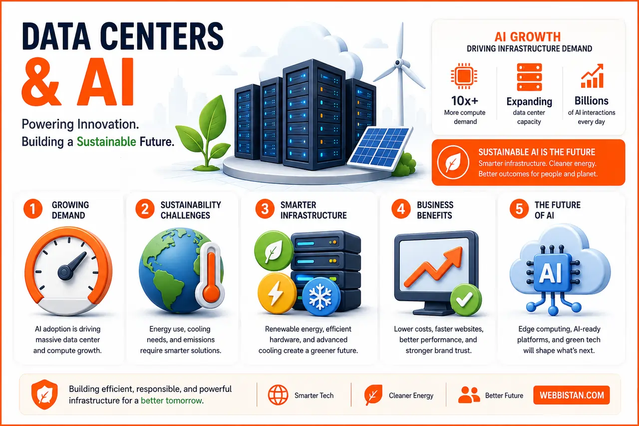 Data centers and AI infographic showing sustainable computing, energy efficiency, green technology, and the future of digital infrastructure