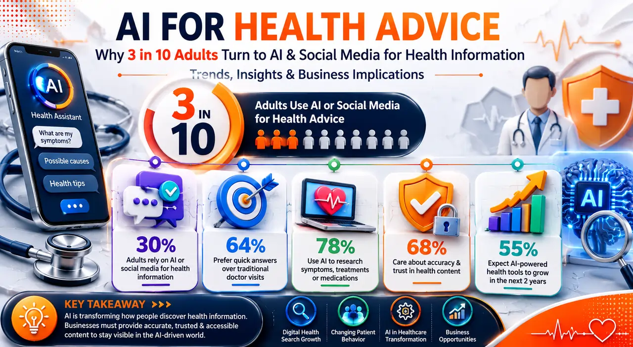 Horizontal infographic showing AI for health advice trends, digital health searches, social media influence, and healthcare technology transformation with 3D icons.