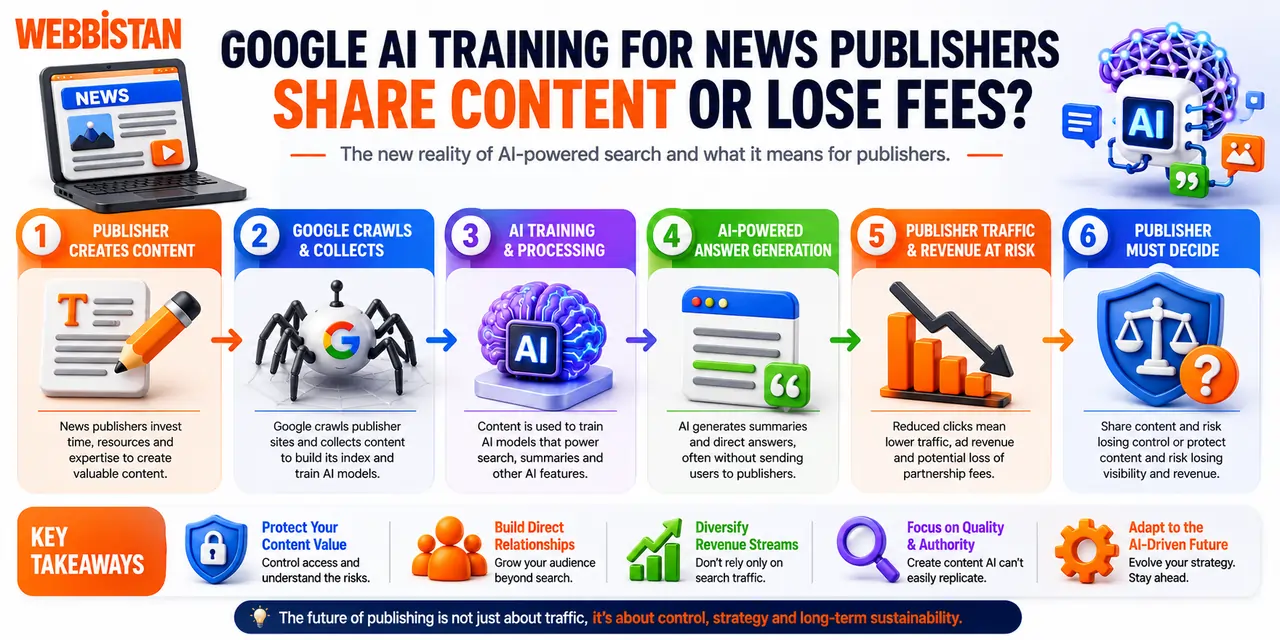 Horizontal 3D infographic showing Google AI training for news publishers, including content sharing, AI processing, search changes, traffic risks, and future digital strategy.