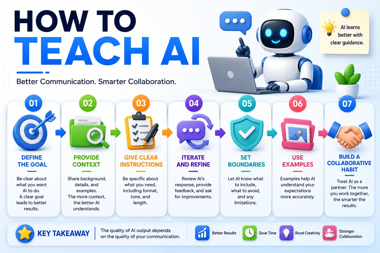 How to teach AI infographic showing human and artificial intelligence collaboration through clear communication, guidance, and smarter workflows
