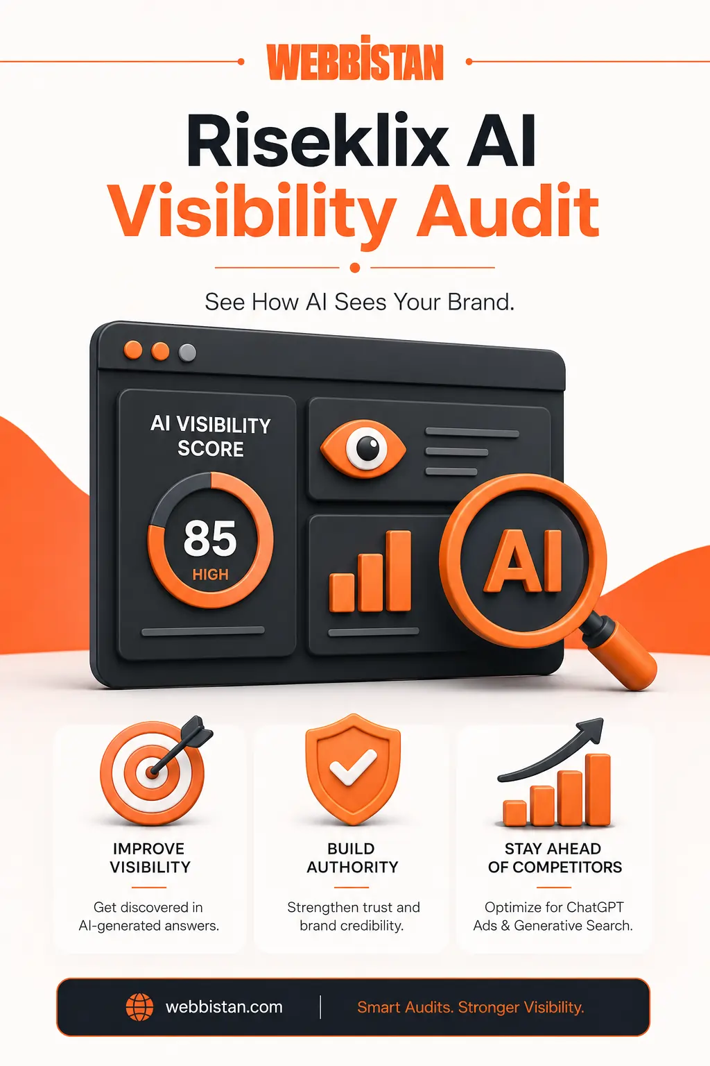 3D AI visibility audit infographic featuring brand authority, AI readiness, and search visibility metrics with Webbistan branding in orange and black corporate colors.