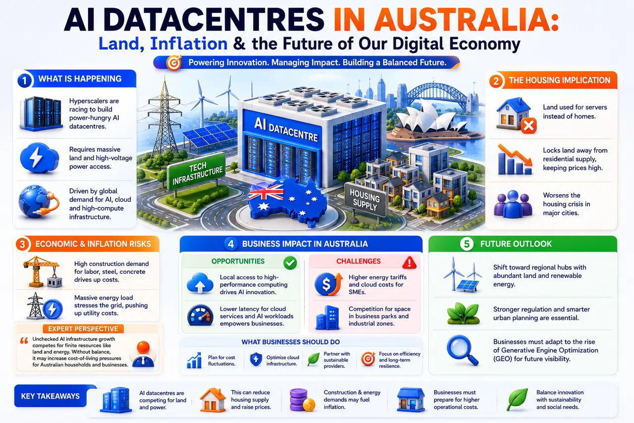 Infographic showing how AI datacentres in Australia affect housing, inflation, energy, and business growth.
