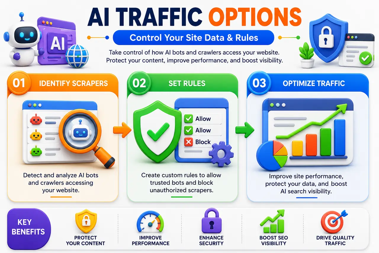 Bright horizontal infographic with colorful 3D icons illustrating AI traffic options, including identifying AI crawlers, setting access rules, protecting website data, allowing trusted bots, improving SEO visibility, and optimizing AI search performance.