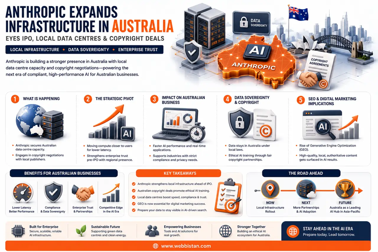 Infographic showing Anthropic's AI expansion in Australia, including local data centres, data sovereignty, copyright agreements, enterprise AI adoption, and SEO implications.
