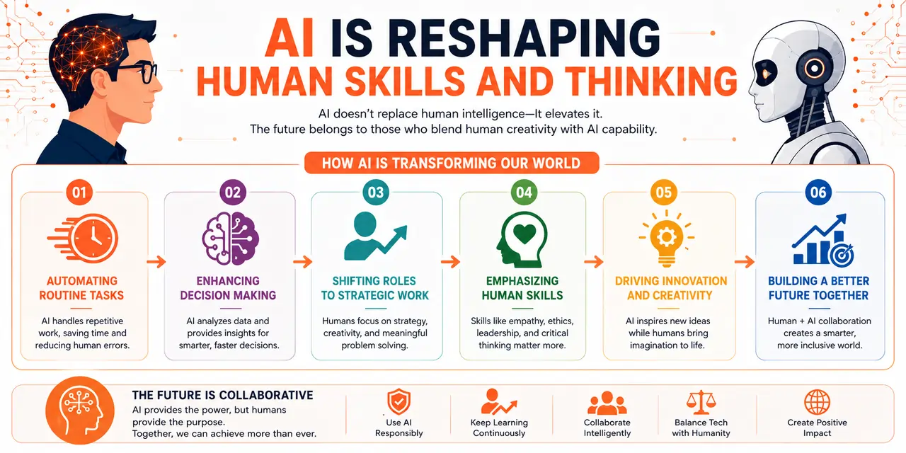 Colorful horizontal infographic showing how AI is reshaping human skills and thinking through automation, smarter decision-making, strategic work, creativity, critical thinking, and human-AI collaboration using modern 3D icons in Webbistan brand colors.