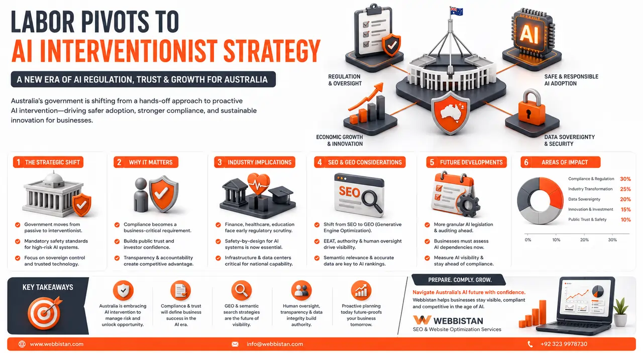 Infographic illustrating Labor pivots to AI interventionist strategy, highlighting Australia's AI regulation, compliance requirements, data sovereignty, SEO and GEO considerations, industry impacts, and the future of responsible AI adoption for businesses.