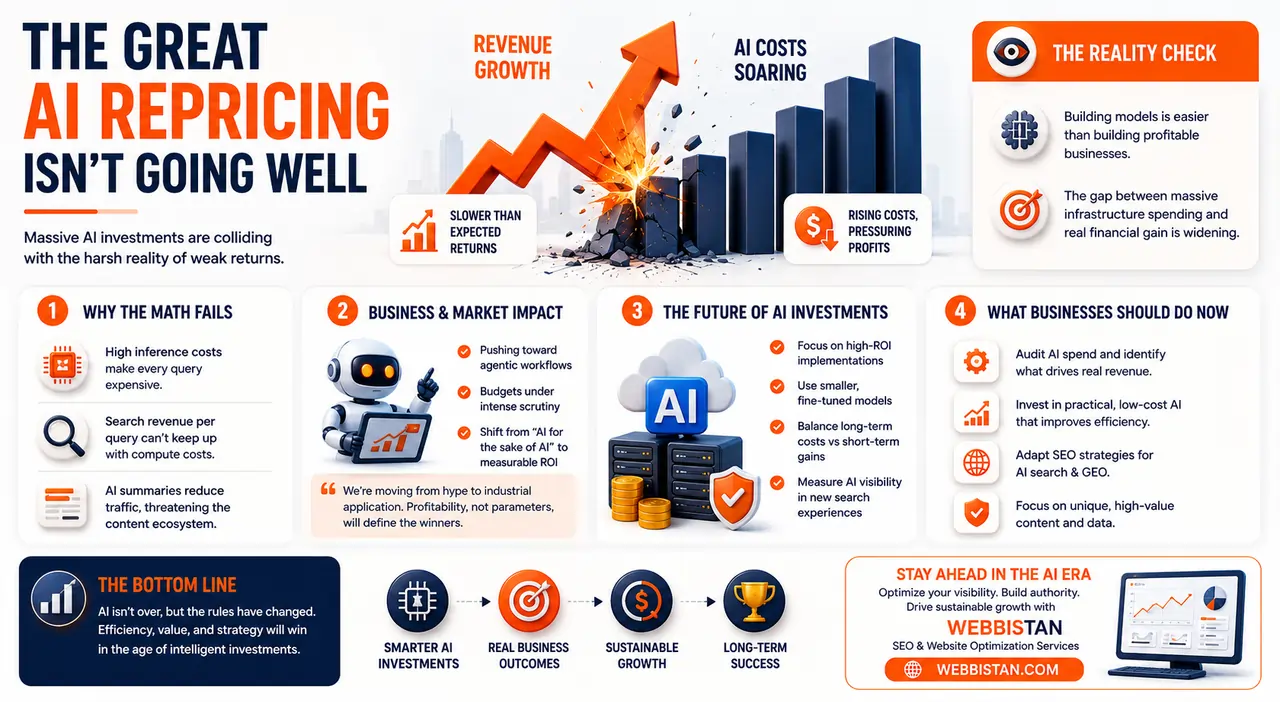 Infographic illustrating The Great AI Repricing, showing rising AI infrastructure costs, slowing revenue growth, business impacts, ROI challenges, and strategies for sustainable AI investment and long-term profitability.