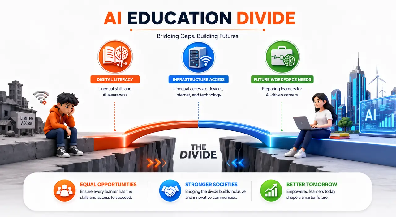 Australian education system infographic illustrating the AI education divide, digital literacy, infrastructure access, and future workforce needs.